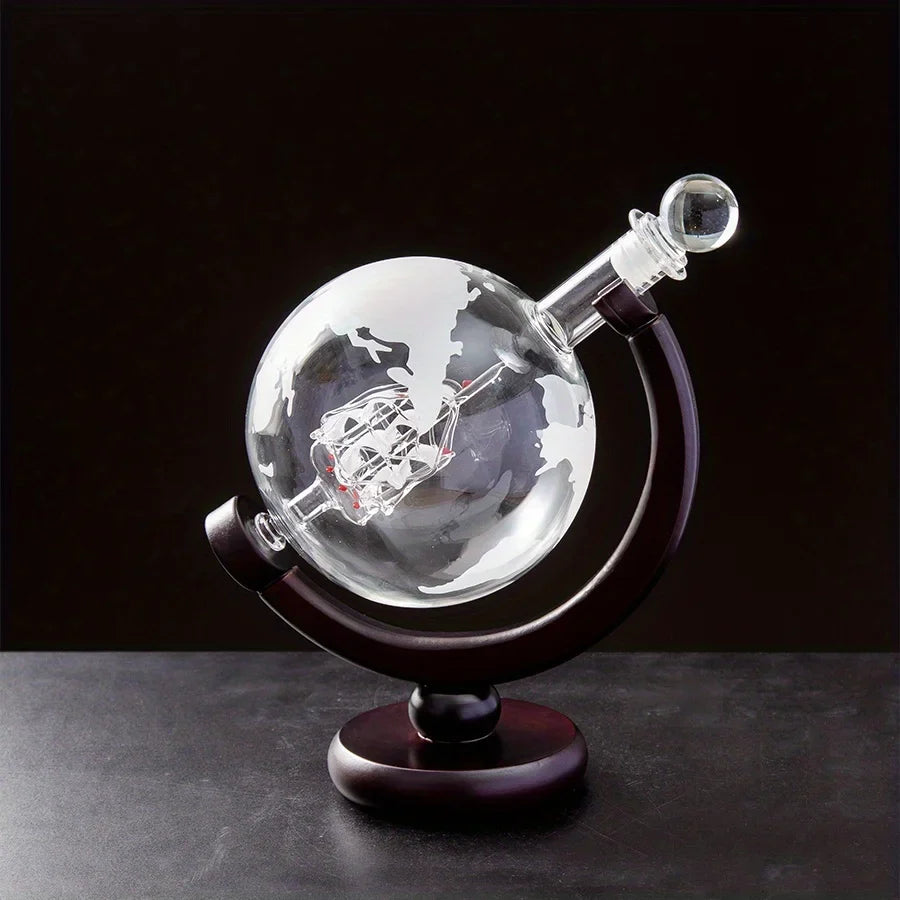 900ML Creative Globe Decanter Set with Lead-free Carafe Exquisite Wood-stand and 2 Glasses Whiskey Decanter Globe Grade Gift